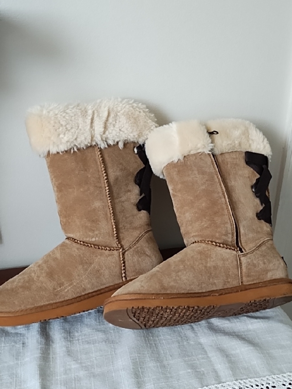 Lamo Tan Suede Shearling Lace-Up Mid-Calf Boots